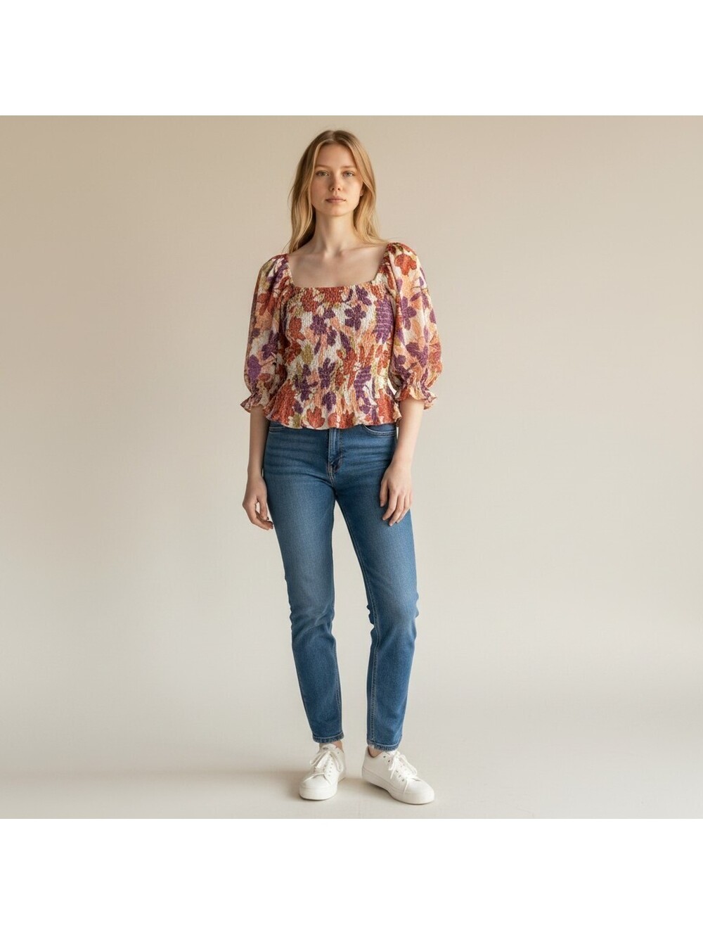 Old Navy Blouse Women M Medium White Floral Square Neck Short Sleeve Lined